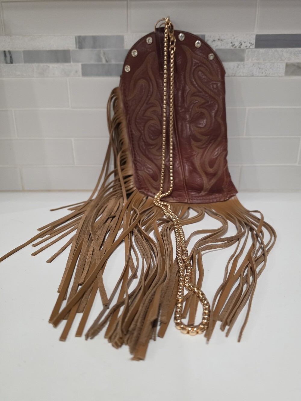 Fringed Western Leather Crossbody Bag in Brown and Burgundy